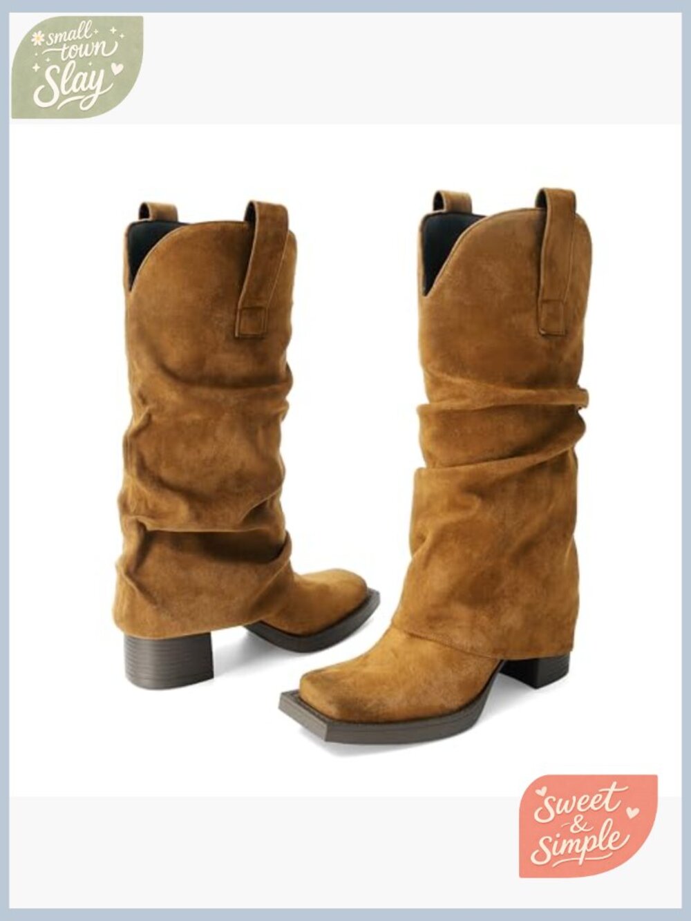 Faux Suede Fold Over Mid Calf Boots Square Toe Chunky Heel Pull On Booties - Picture 4 of 7